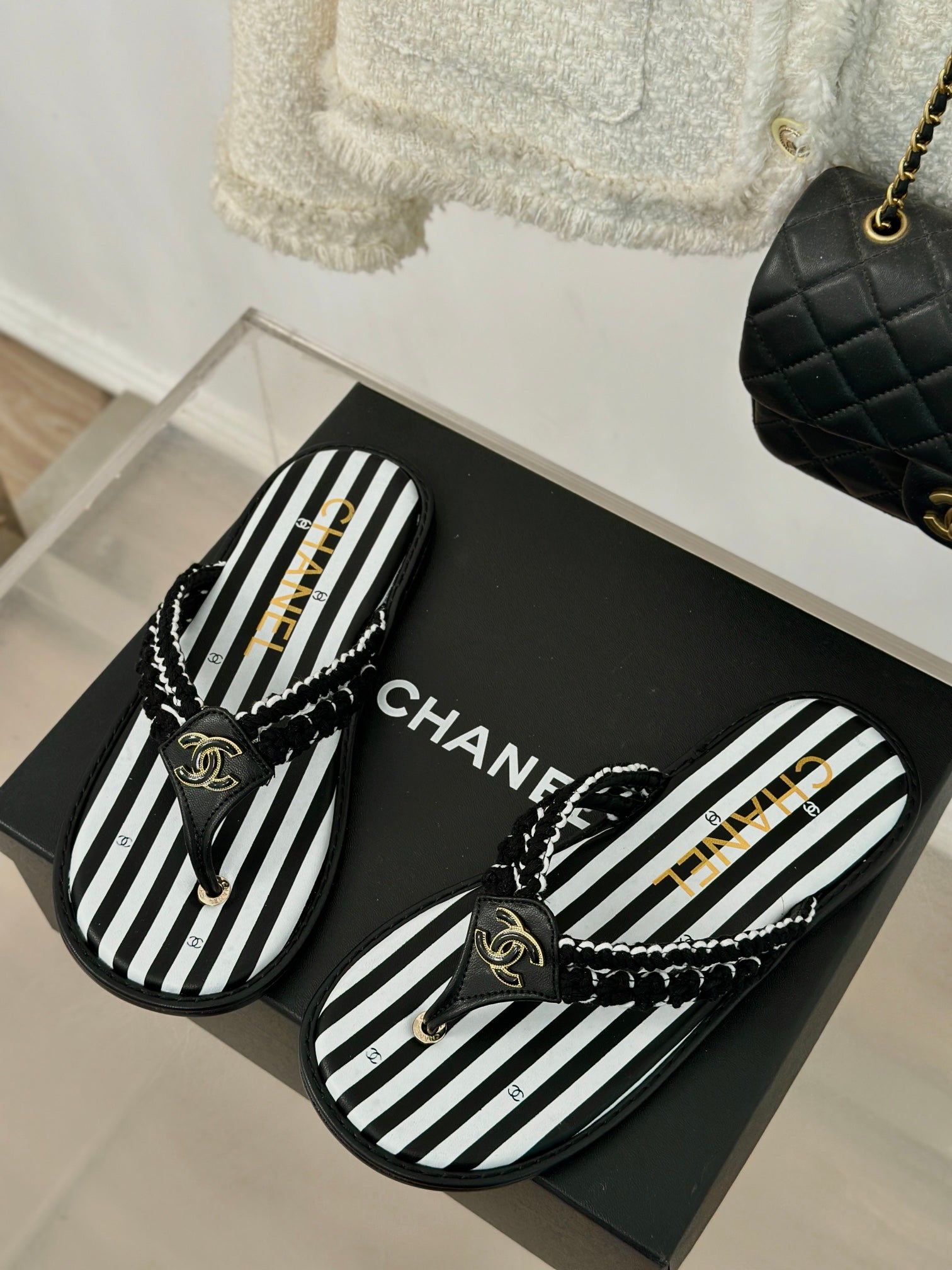 CC 25 Thong Sandal Braided Striped Black White