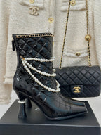 CC Short Boots 80mm Glossy Black Wrinkled Quilted Calfskin