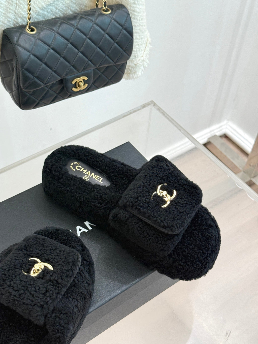 Chanel 25 Buckle Flip-up Thick-soled Slippers Black Wool 465386