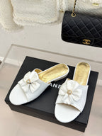 CC 26 Bow Flat Sandal White Gold Satin Sheepskin 609800