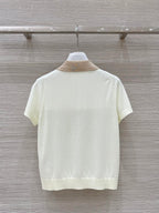 Miu Miu 25 Polo Collar Short-sleeve Knitted Top Beige Wool