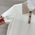 Miu Miu 25 Polo Collar Short-sleeve Knitted Top Beige Wool