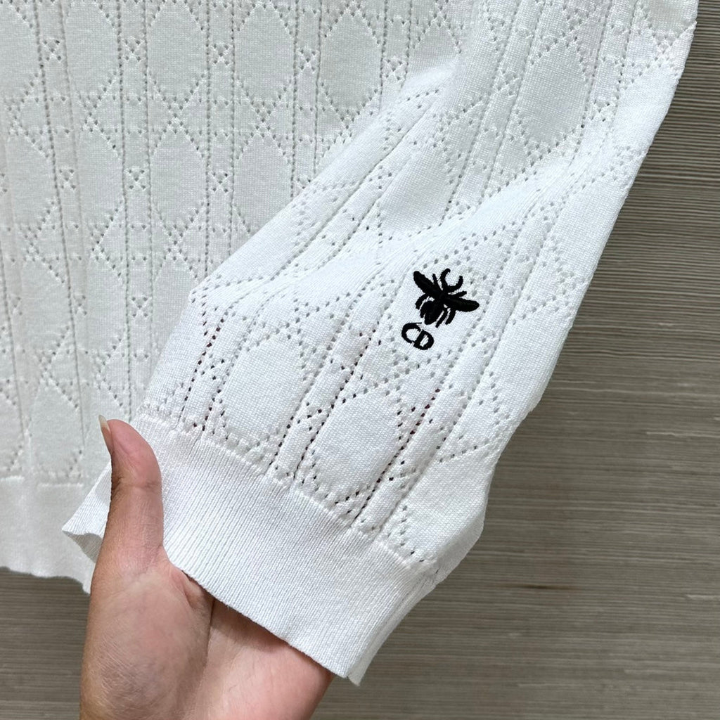 CD 25 Hollow Polo Knitted Short-sleeved Top White Silk Wool