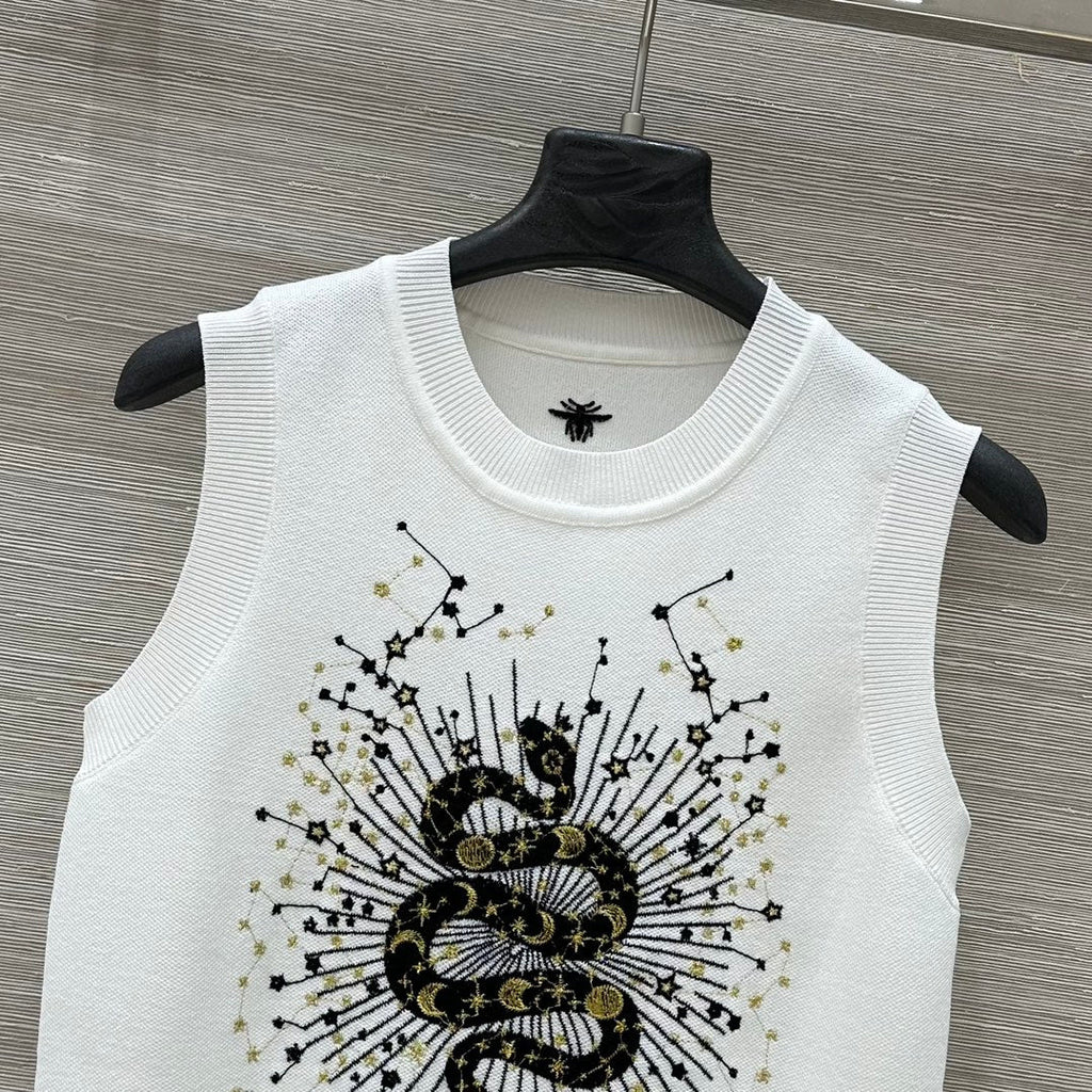 CD 25 Snake Embroidery Knitted Vest Top White Tencel Wool