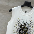 CD 25 Snake Embroidery Knitted Vest Top White Tencel Wool