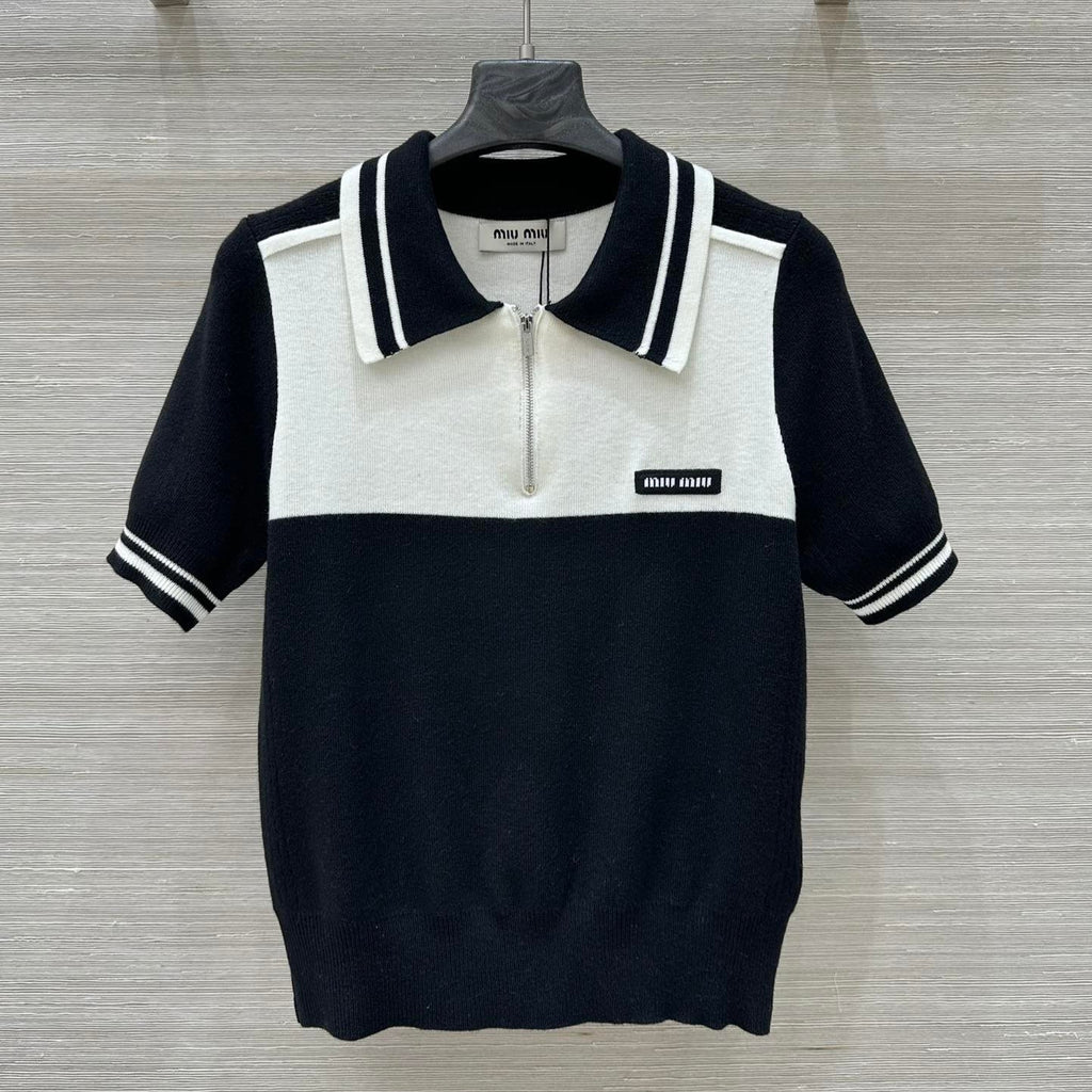 Miu Miu 25 Polo Collar Short-sleeved Top Black White  Tencel