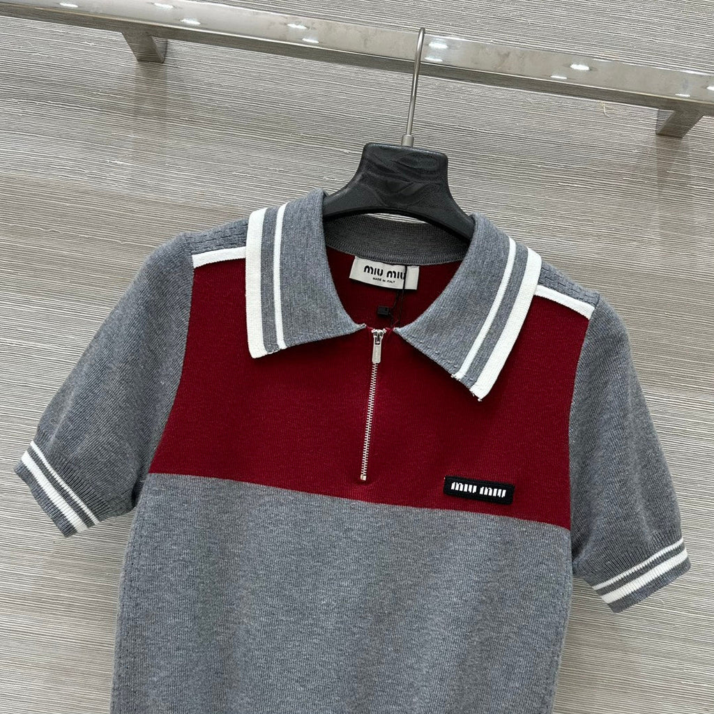 Miu Miu 25 Polo Collar Short-sleeved Top Gray red Tencel