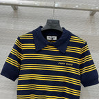 Miu Miu 25 Striped Polo Top Dark Blue Yellow Wool