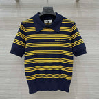 Miu Miu 25 Striped Polo Top Dark Blue Yellow Wool