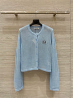 Loewe 25 Mesh Hollow Knitted Cardigan Blue Wool