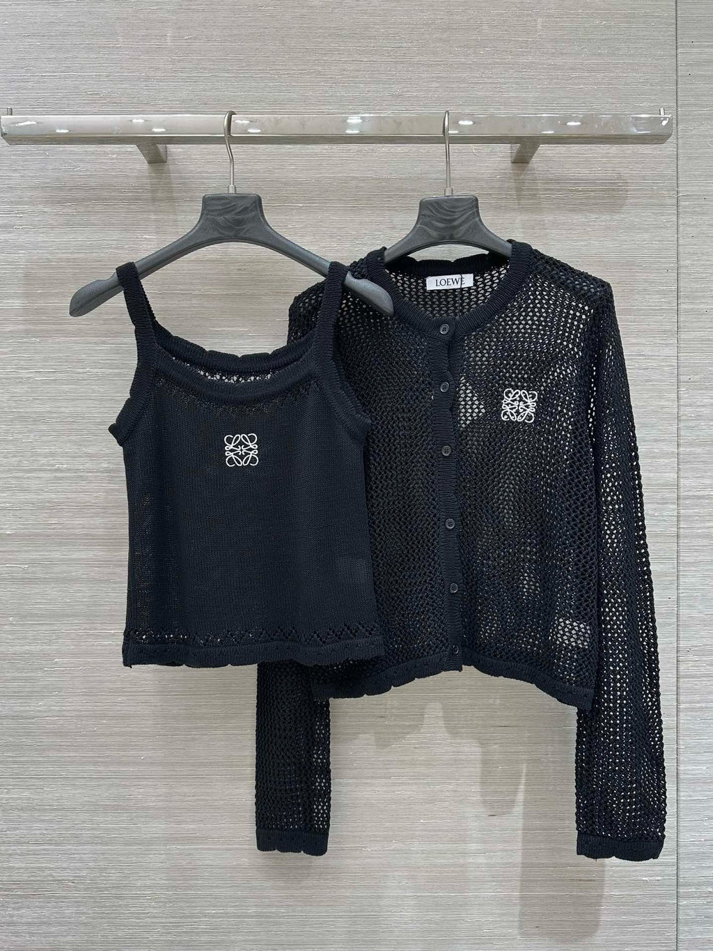 Loewe 25 Mesh Hollow Knitted Cardigan Black Wool