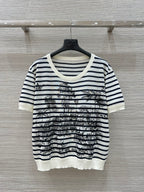 CD Coconut Knitted Short-sleeved Top Black mix White Cotton Polyester