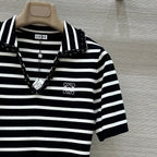 Loewe 25 Striped Knitted Polo Short-sleeved Top Black Tencel