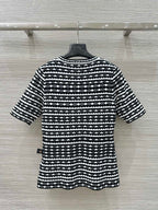 LV 25 Geometric Wave Pattern Round Neck Knitted T- Shirt Black Wool