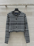 LV 25 Geometric Wave Pattern Round Neck Knitted Shirt Black Wool