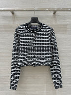 LV 25 Geometric Wave Pattern Round Neck Knitted Shirt Black Wool