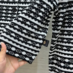 LV 25 Geometric Wave Pattern Round Neck Knitted Shirt Black Wool