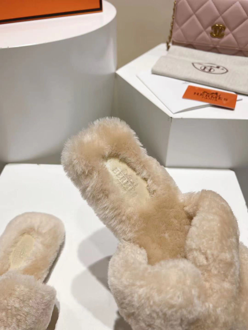 Hermes Oran Sandal Beige Sheep Fur 406993