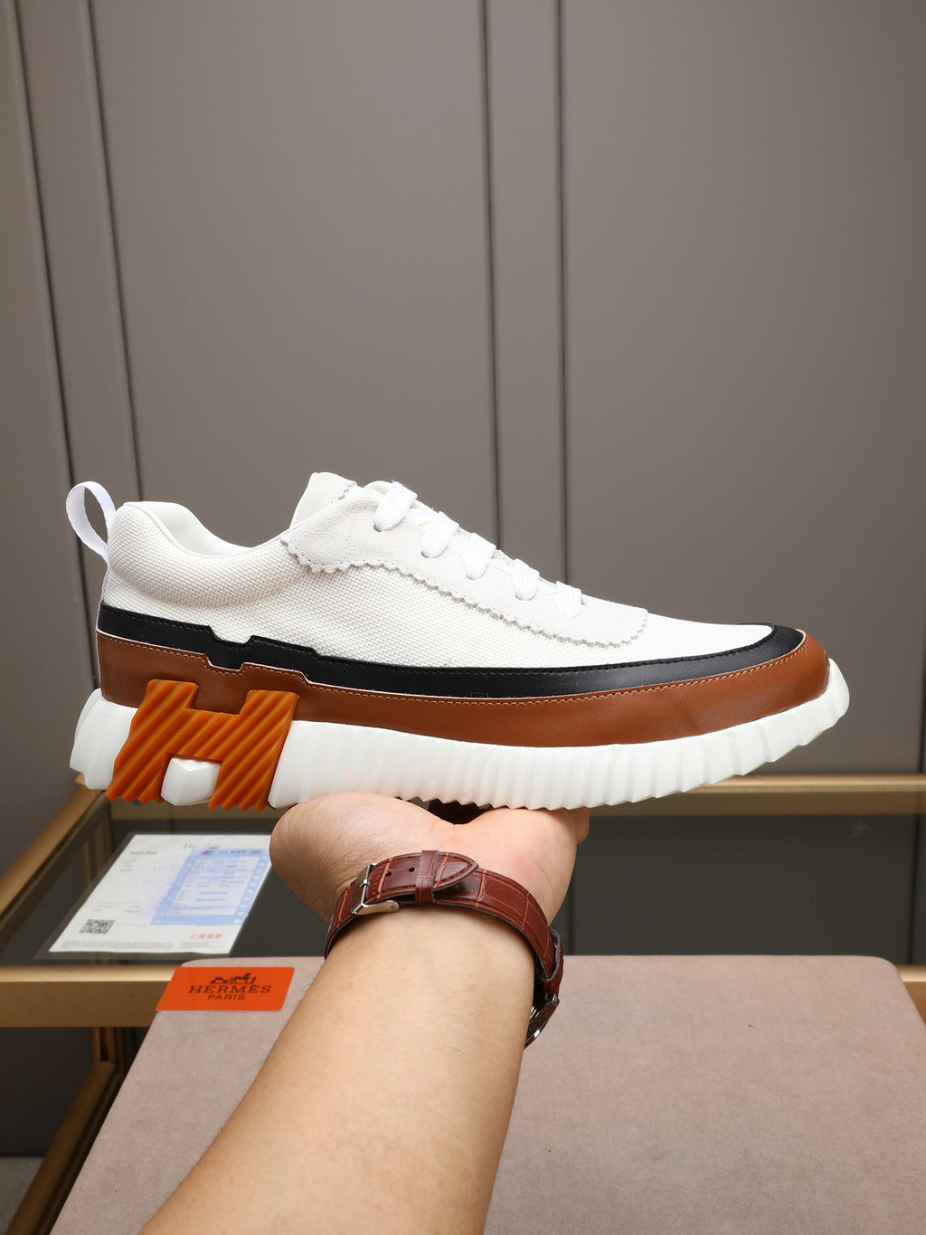 HM Men's Bouncing Sneaker White Brown Calfskin Fabric 754130
