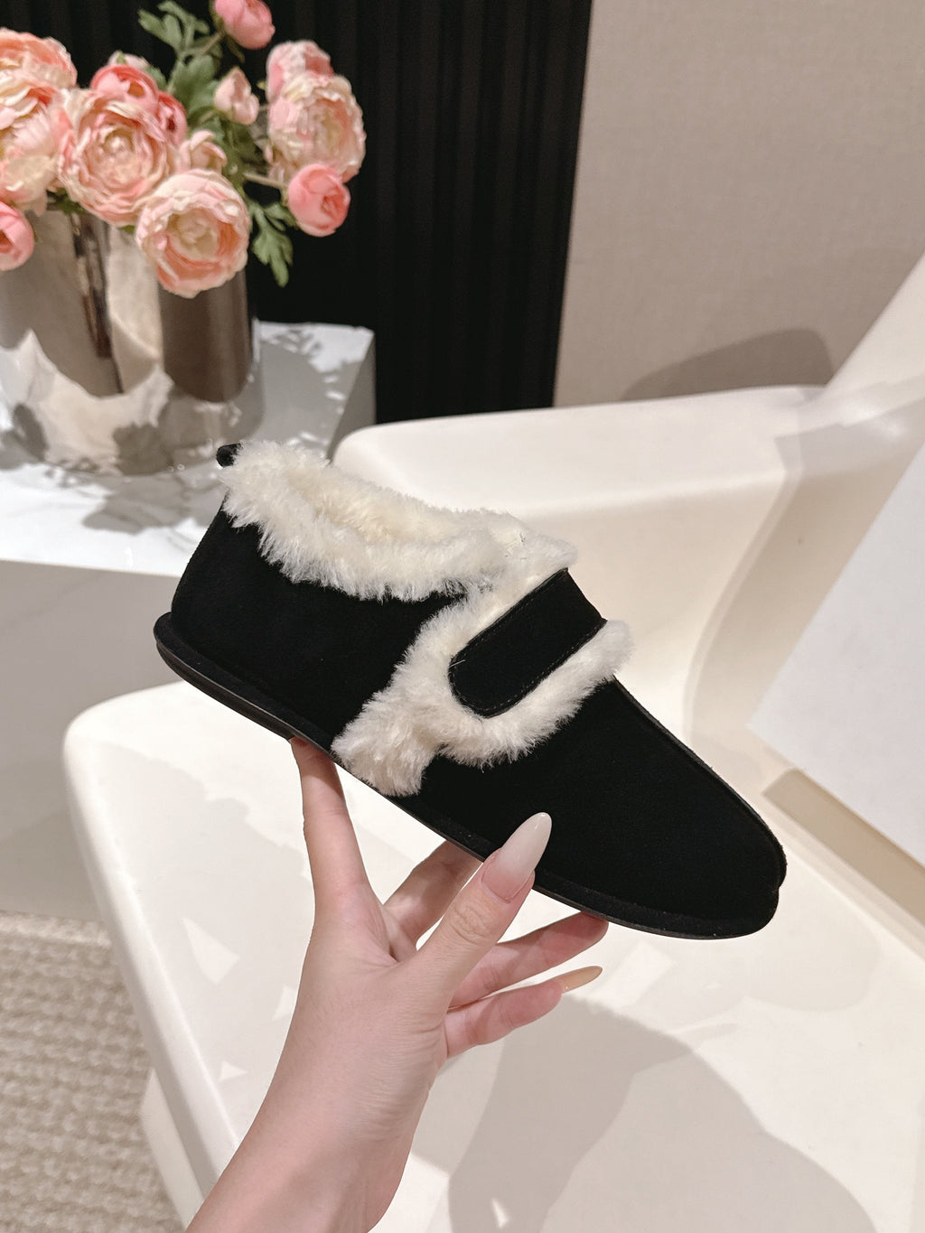 The Row 2025 Furry Shoe Black White Suede Wool 560592