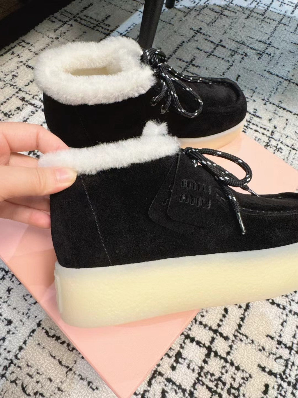 Miu Ankle Boots Black Fleece Lining Cow Suede