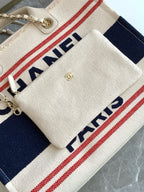 CC 25C ToTe  Bag Beige Navy Blue Canvas Fabric 238518