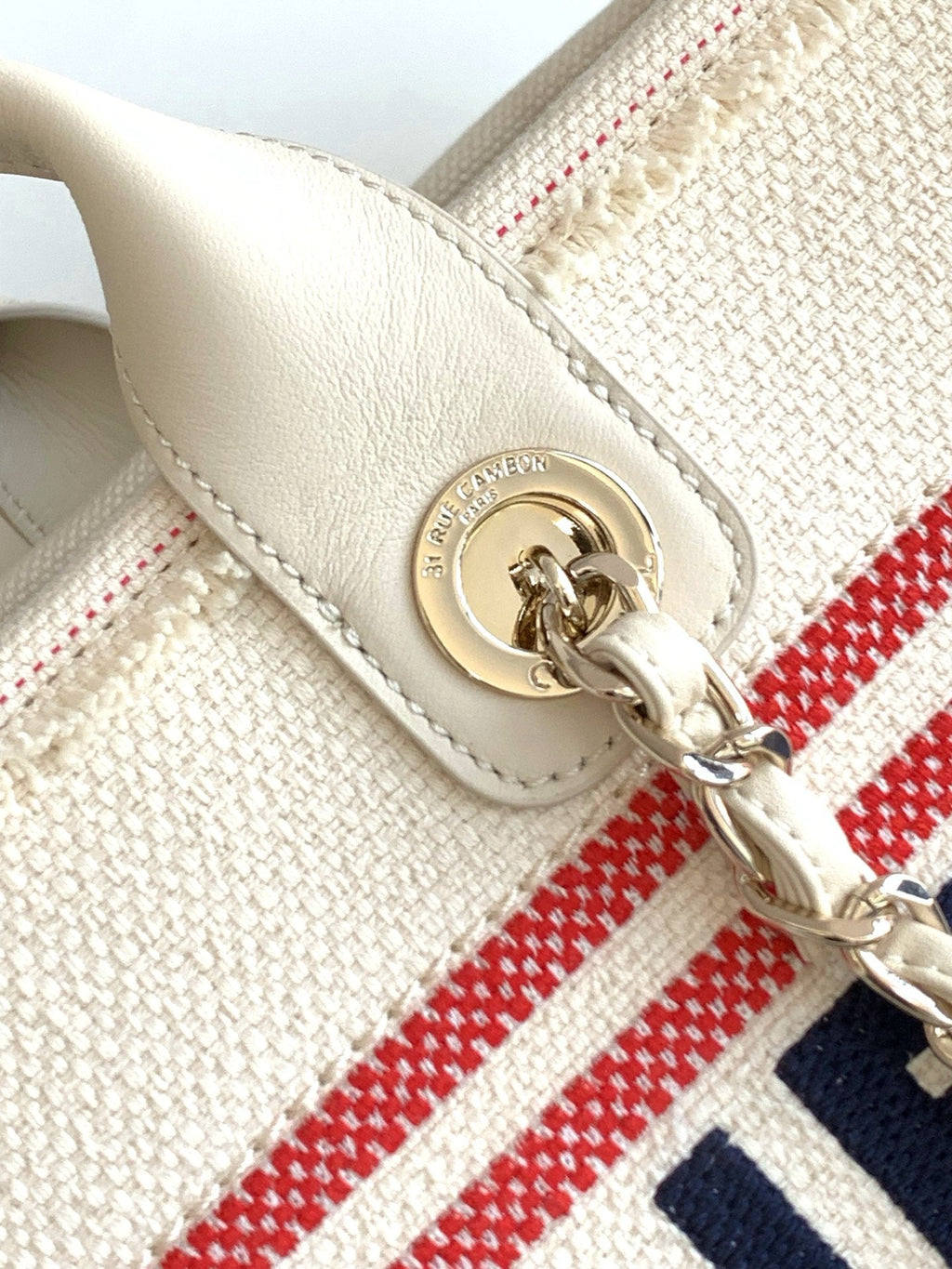 CC 25C ToTe  Bag Beige Navy Blue Canvas Fabric 238518