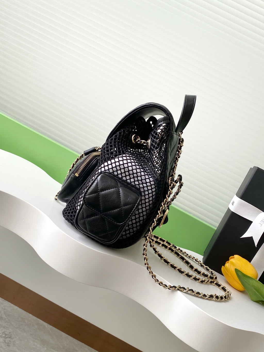 cc 25S Backpack 25cm Black Mesh Calfskin