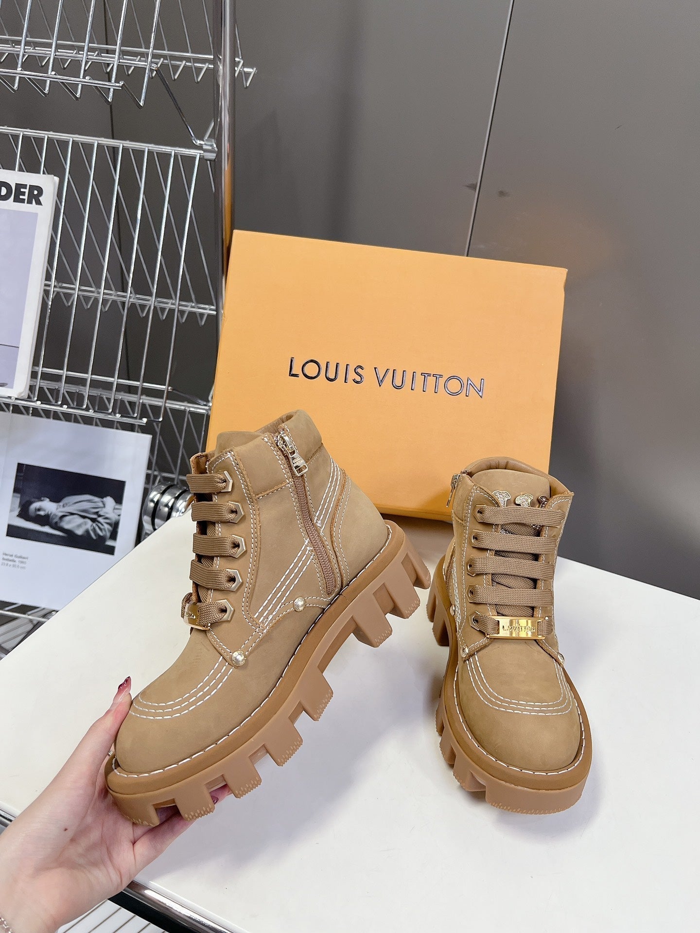 LV Checker Ankle Boots Brown Suede