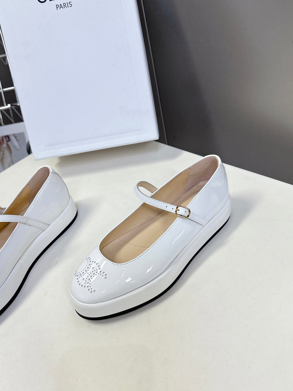 CELINE Ballet Flats White Patent Leather 285930