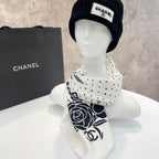 CC Square Scarf 90 CM In White Polka Dot Black Camellia Silk Twill 288722