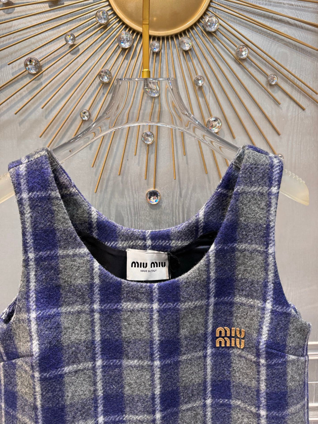 Miumiu 2026 Plaid Vest Dress Blue-Gray Wool Viscose