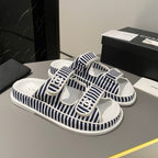 dad sandal mule striped dark blue white fabric calfskin