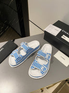 dad sandal mule striped ocean blue white fabric calfskin