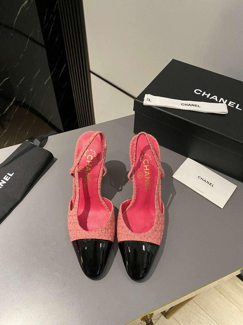 CC Slingback 95mm Pink Red Tweed Fabric