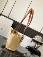 Celine Classic Panier 36cm Braieded Triomphe Beige Raffia Brown Calfskin
