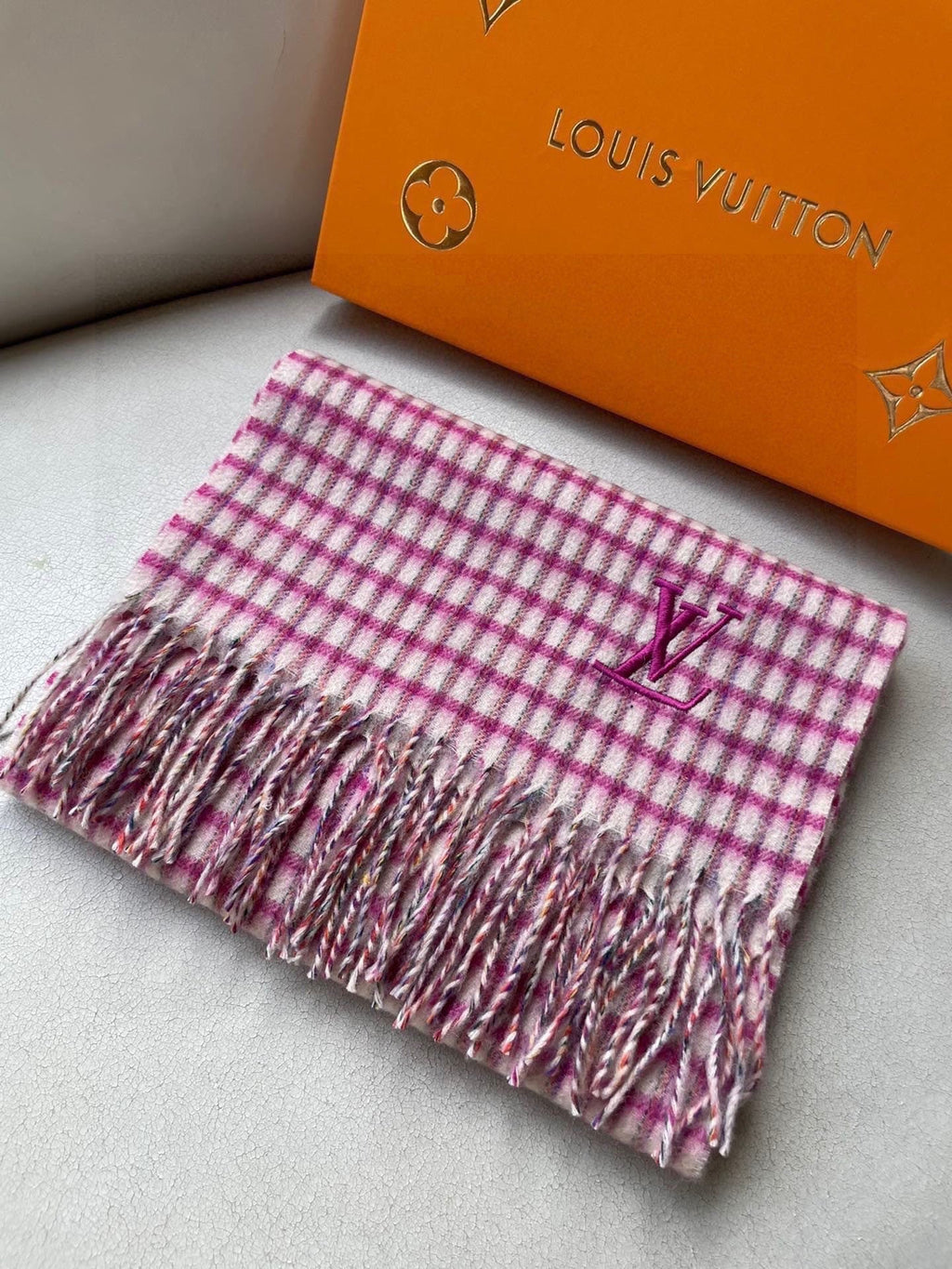 LV Embroidery Scarf 180cm Dark Pink Cashmere 967130