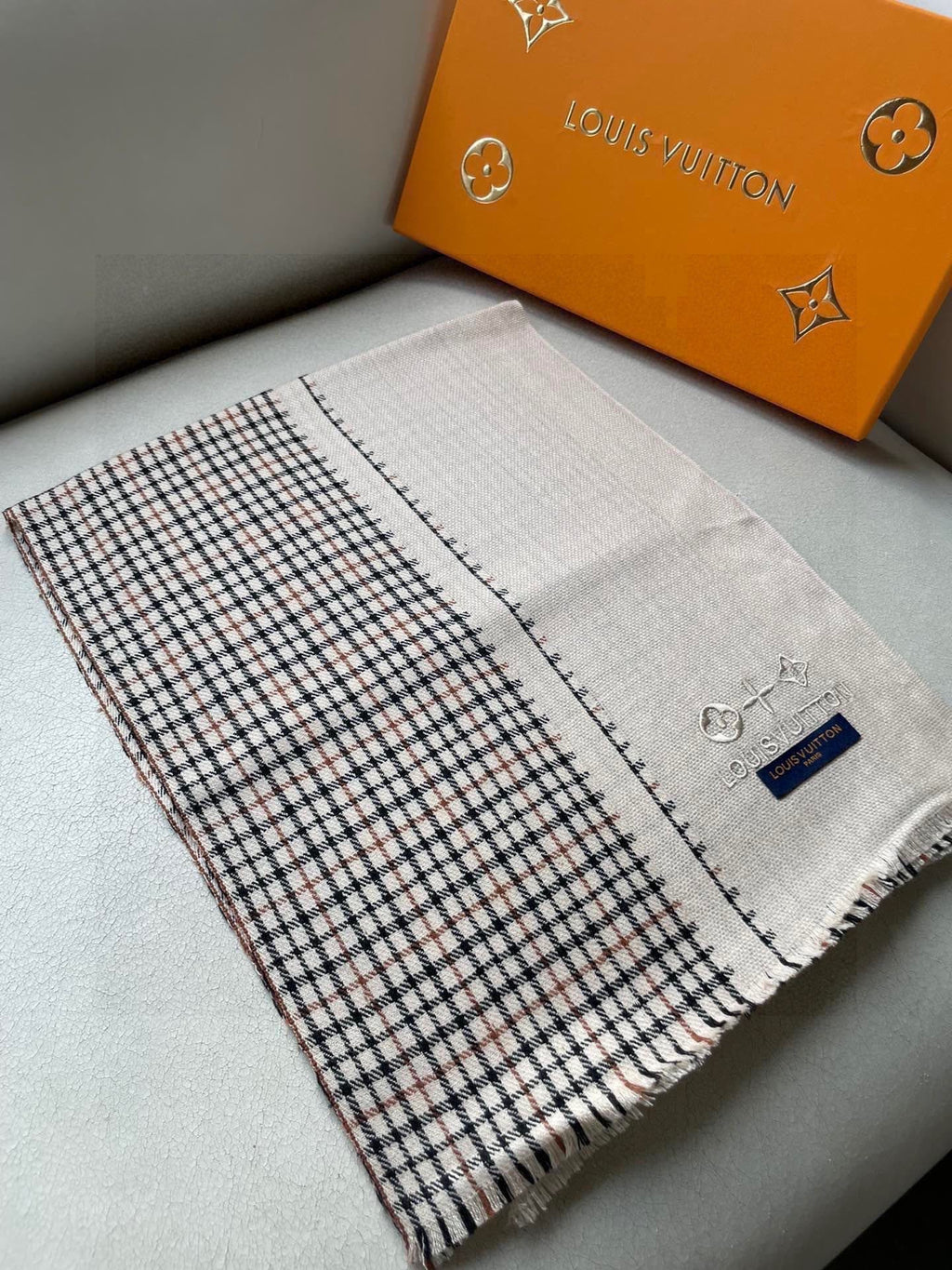 LV Monogram Scarf 180cm Light Beige Black Cashmere 969268