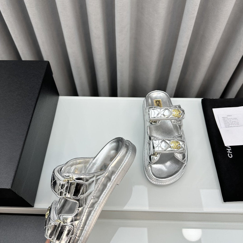 dad sandals silver metalic lambskin mules