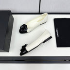 ballet flat flower cream calfskin black patent calfskin