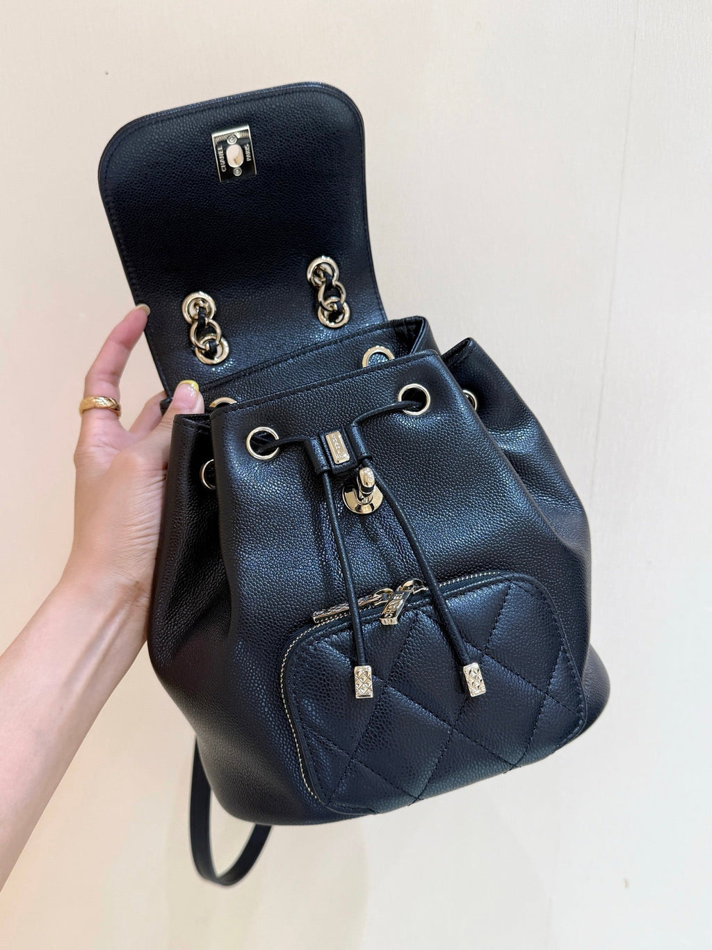 Chanel 2025 Affinity Backpack Black Gold Caviar Leather 343094