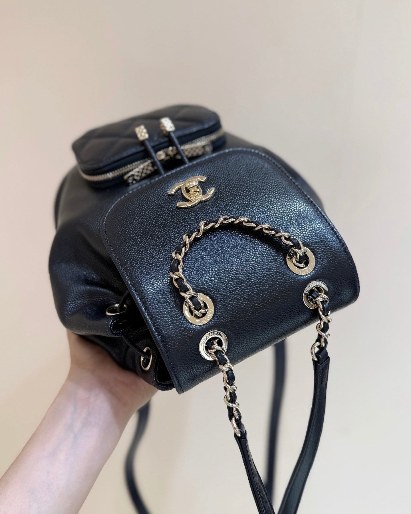 Chanel 2025 Affinity Backpack Black Gold Caviar Leather 343094