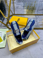 FENDI BAGUETTE LOAFERS IN AZURE BLUE CANVAS GOLD HARDWARE
