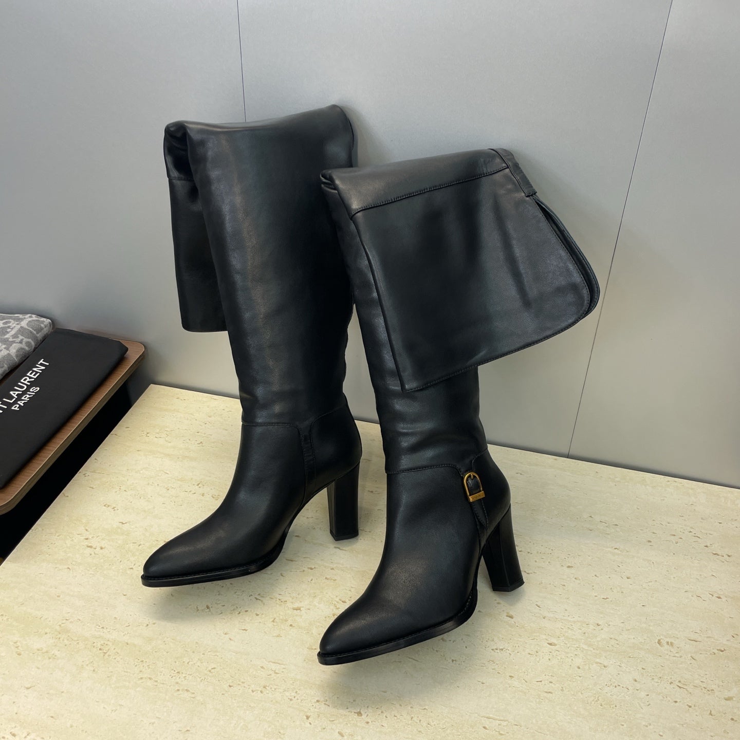 YSL 2025  High-Heeled Pointed-Toe Knee-High Rider Boot Black Calfskin 574018