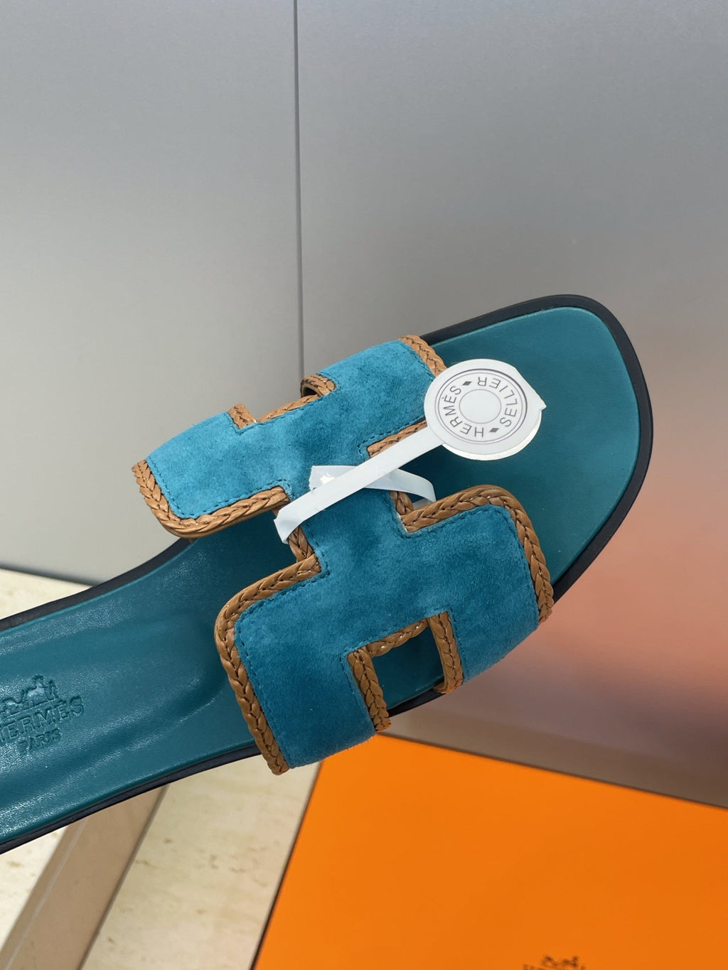 HM 26ss Oran Sandals Teal Blue Suede Calfskin 607249