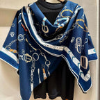 Chevaux Dechaines Shawl 135 CM IN Dark Blue Colorful Cashmere Silk 373682