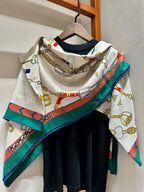 Chevaux Dechaines Shawl 135 CM IN Green Colorful Cashmere Silk 373684