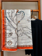 Chevaux Dechaines Shawl 135 CM IN Orange Colorful Cashmere Silk 373685