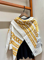 CC Square Scarf 140 CM In White Mix Yellow Black Velvet Fabric 420129