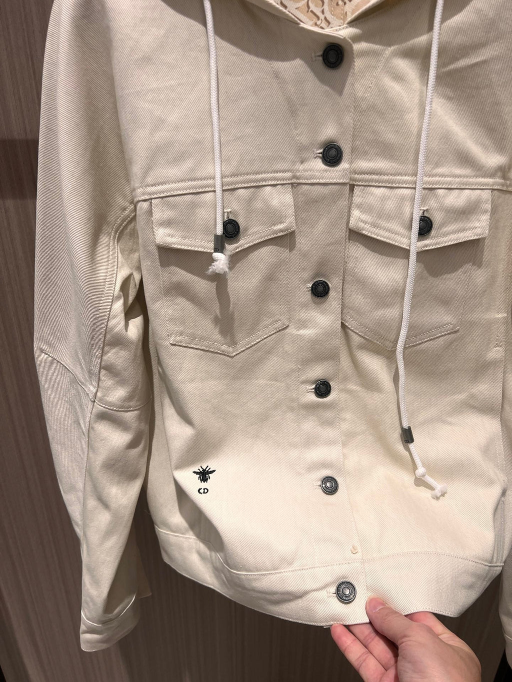 CD Hooded Denim Jacket With Monogram Lining White Beige Cotton